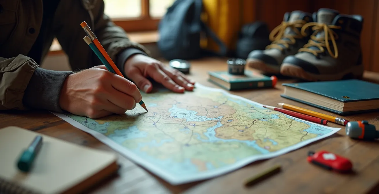 Wanderer bei der Routenplanung mit topographischen Karten und Sicherheitsausrüstung auf einem Holztisch