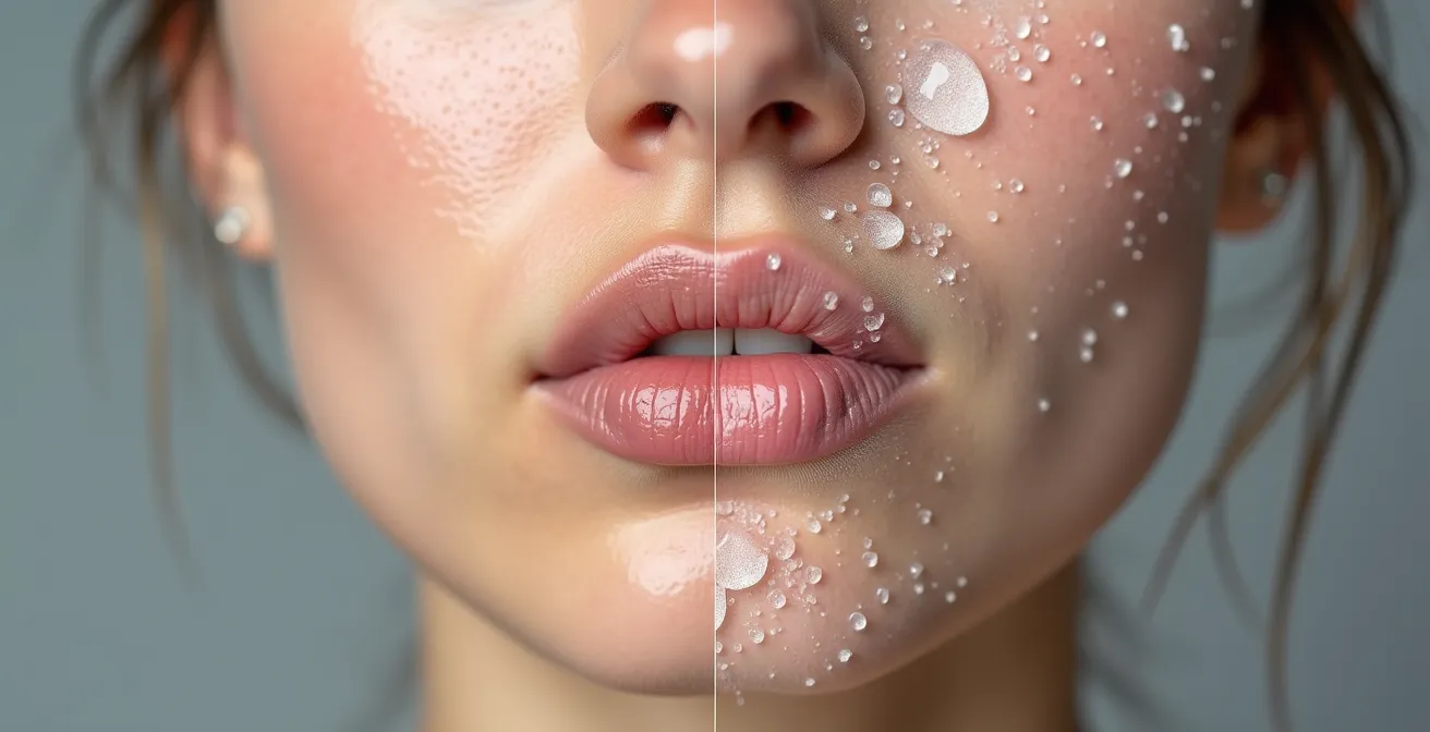 Makroaufnahme, die den Unterschied zwischen harten Wassertropfen mit Mineralrückständen und weichen, sauberen Wassertropfen auf der Haut zeigt.