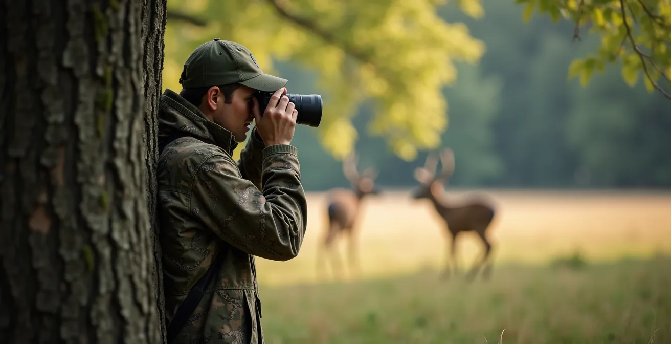 Naturbeobachter mit Fernglas hinter Baum versteckt beobachtet Rehe in sicherer Entfernung im deutschen Mischwald