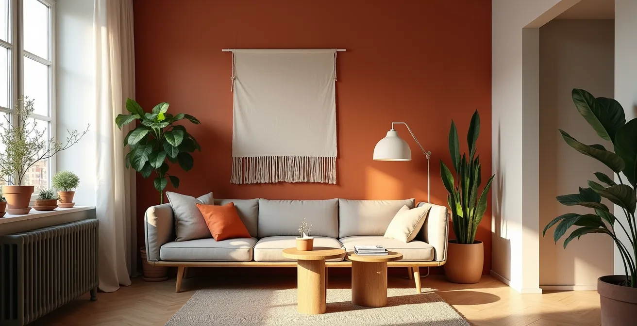 Wohnraum mit mehrschichtigem Lichtkonzept und warmen Farbakzenten