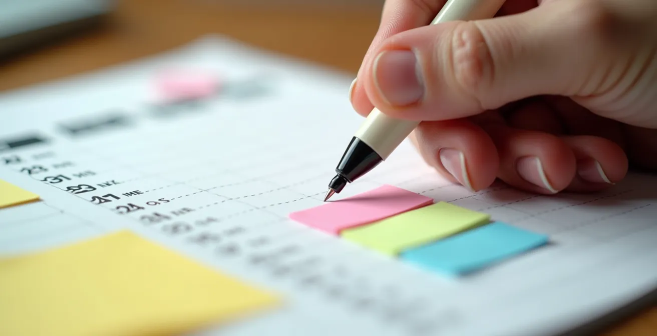 Person organisiert Freundschaftstermine in einem analogen Wochenplaner mit verschiedenen farbigen Markierungen