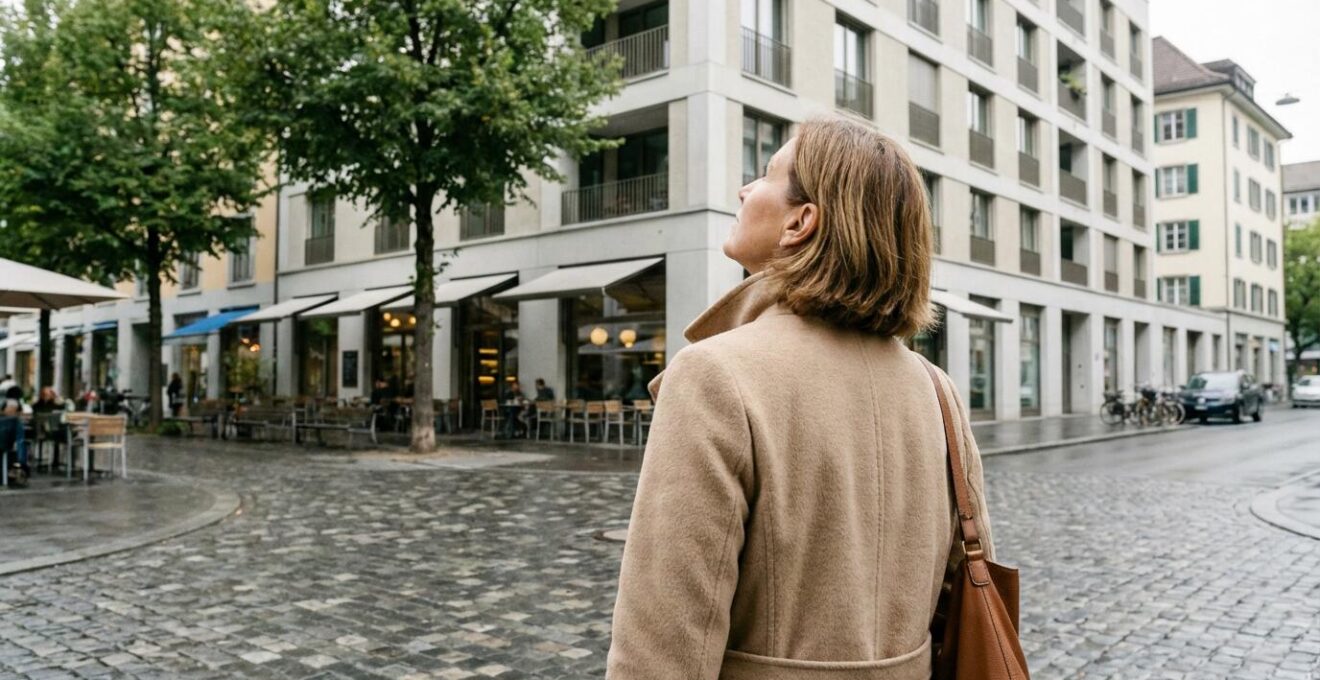 Kaufinteressentin betrachtet Wohnhaus in Zürcher Quartier – Quadratmeterpreis-Recherche