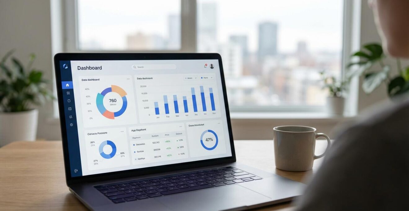 Laptop mit Immobiliendaten-Dashboard in hellem Wohnzimmer – KI-gestützte Bewertung