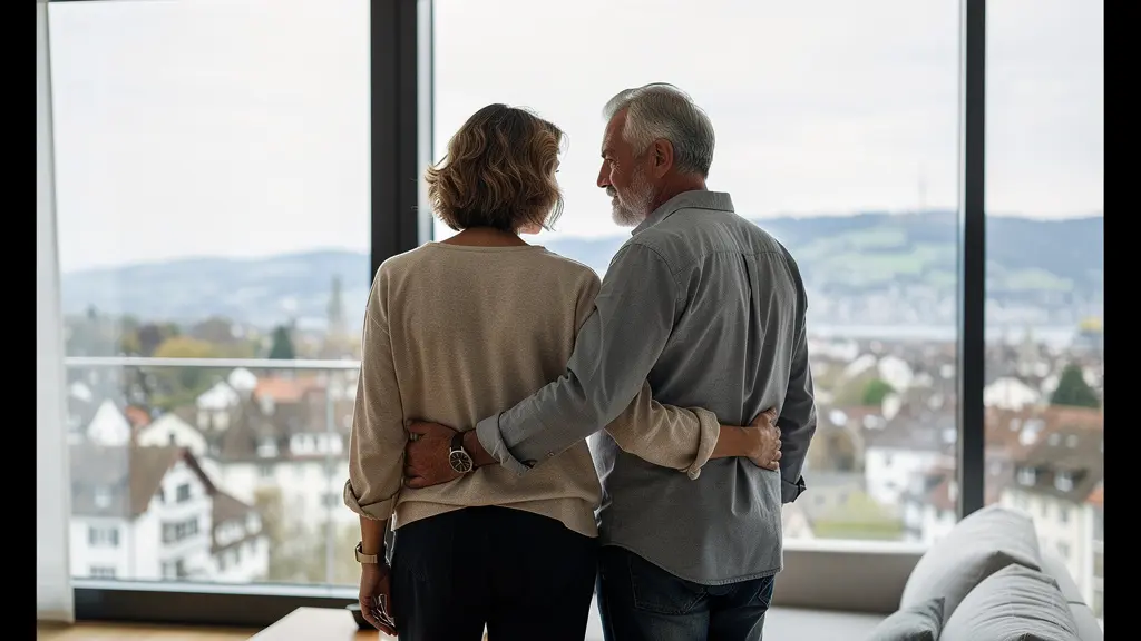 Wohnungsbesichtigung Zürich Paar am Fenster mit Stadtblick