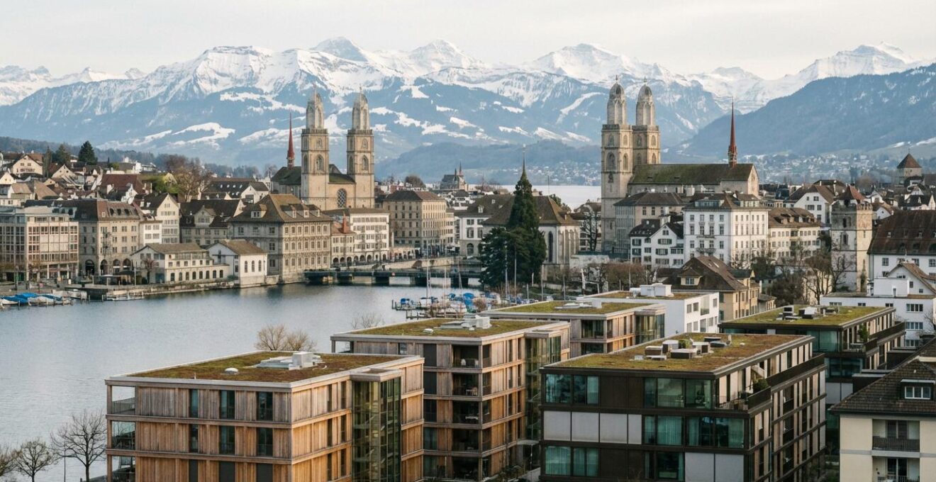 Panoramablick auf Zürich mit Wohngebäuden am Seeufer – Immobilienpreise nach Stadtteilen