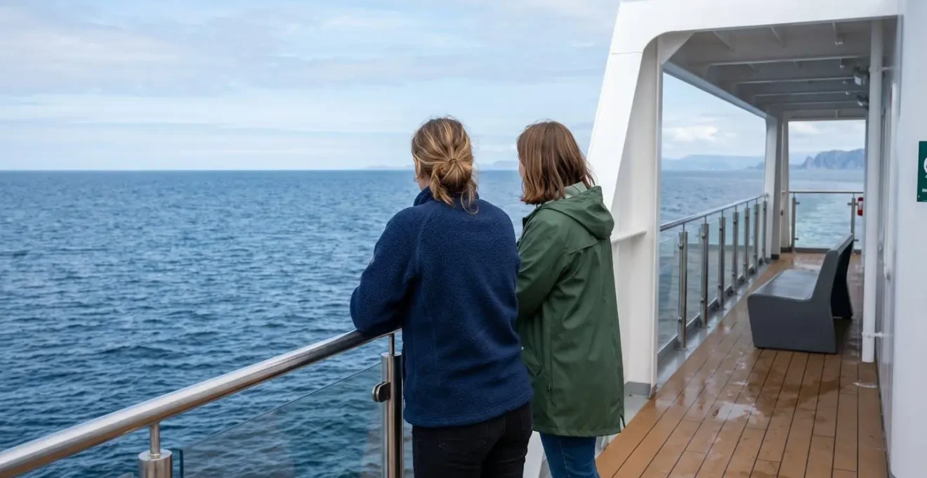 Ein Paar von hinten betrachtet, das an der Reling eines modernen Fährdecks steht und auf das offene Meer hinausblickt, natürliches Tageslicht