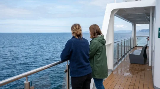 Ein Paar von hinten betrachtet, das an der Reling eines modernen Fährdecks steht und auf das offene Meer hinausblickt, natürliches Tageslicht