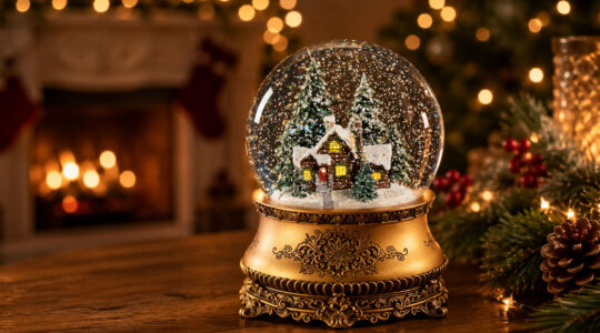 Spieluhr Schneekugel mit verschneitem Haus, Tannenbäumen und goldenem Sockel vor warmer Weihnachtsdekoration