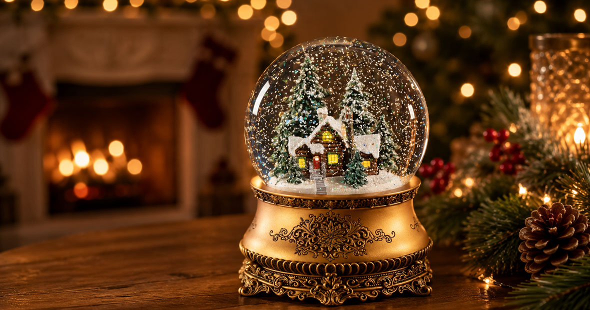 Spieluhr Schneekugel mit verschneitem Haus, Tannenbäumen und goldenem Sockel vor warmer Weihnachtsdekoration
