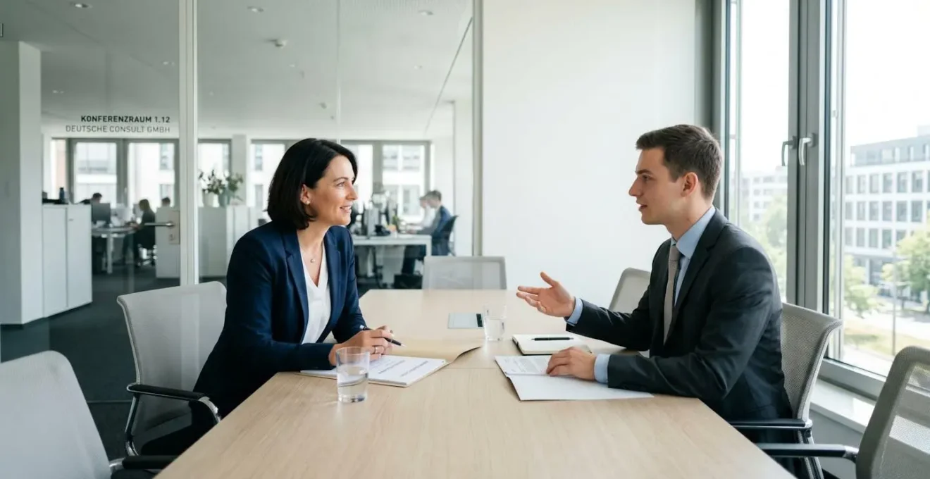 Professionelles Bewerbungsgespräch in modernem Büro, Kandidat und Recruiter im formellen Gespräch