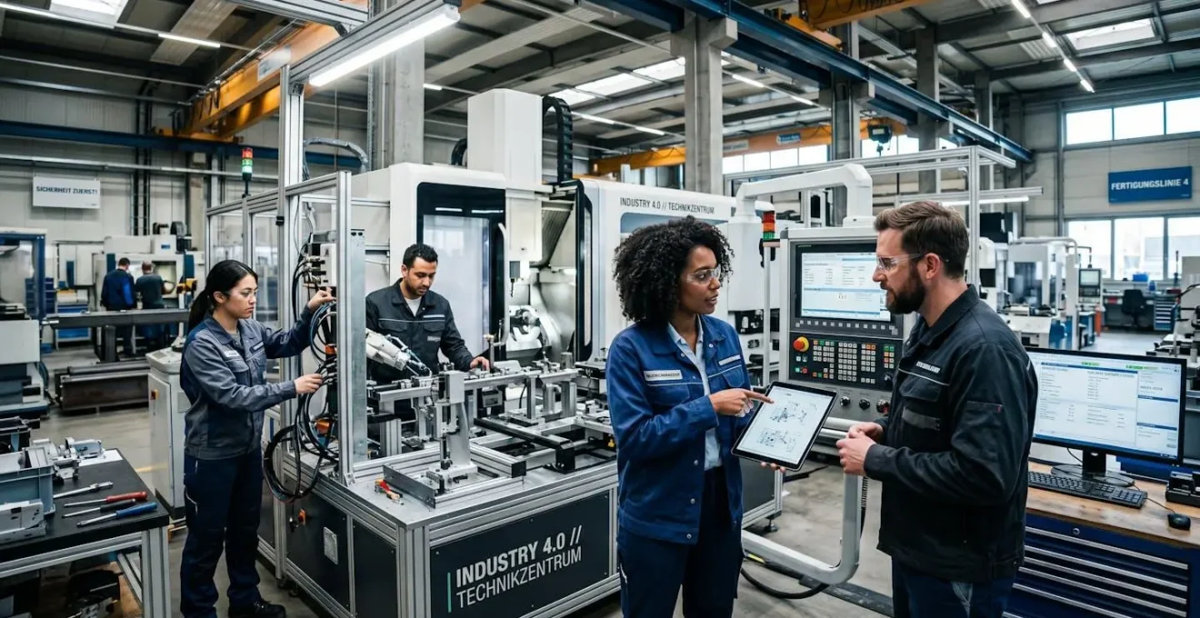 Vielfältiges Team aus Ingenieuren und Technikern in moderner deutscher Industrieumgebung