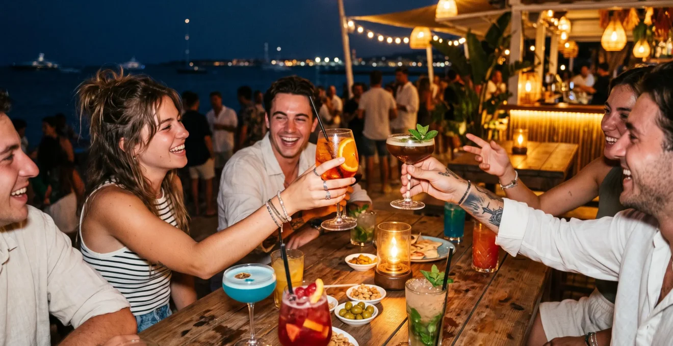 Bar-Tisch am Meer auf Mallorca bei Nacht mit Cocktails und Getränken, Hände junger Touristen in geselliger Atmosphäre
