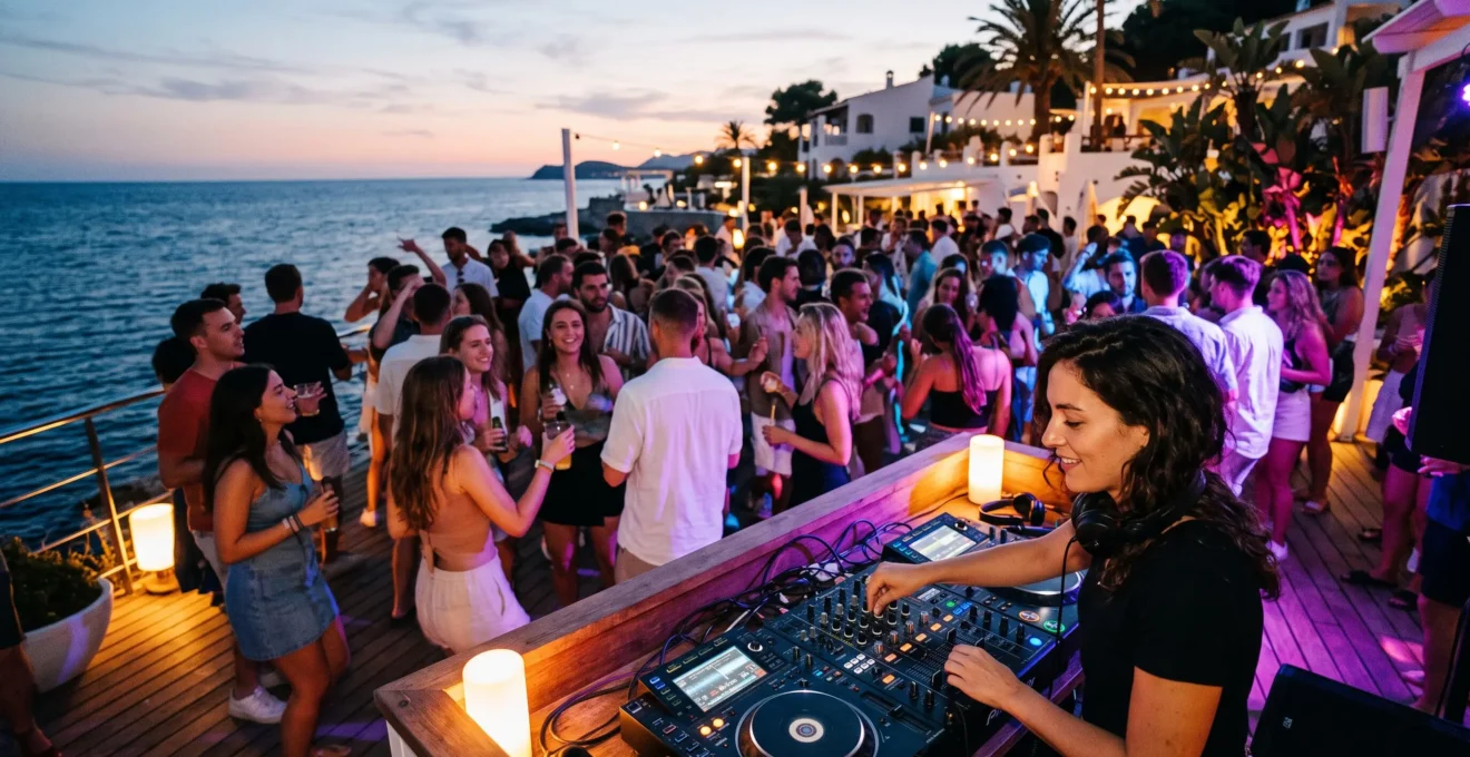 Junge Touristen tanzen in einem lebhaften Beach Club auf Mallorca am Abend, mit Blick auf das Mittelmeer, farbigen Lichtern und DJ-Pult