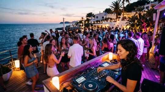 Junge Touristen tanzen in einem lebhaften Beach Club auf Mallorca am Abend, mit Blick auf das Mittelmeer, farbigen Lichtern und DJ-Pult